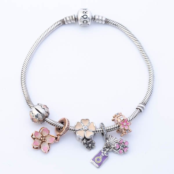 PANDORA パンドラ シルバー S925 ブレスレット フラワー 花 扇子 チャーム ピンク系 #37639