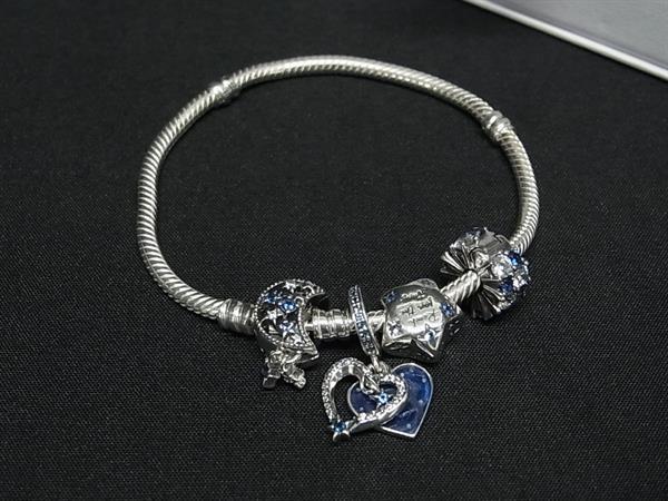 1円 ■美品■ PANDORA パンドラ SV925 スター 星 ムーン 月 カラーストーン ブレスレット アクセサリー ネイビー系×シルバー系 FT8490