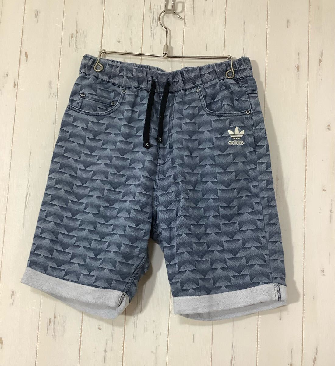 X-1738 adidas Originals アディダスオリジナルス 総柄 スウェットショートパンツ L ネイビー トレフォイルロゴプリント 裏パイル 短パン